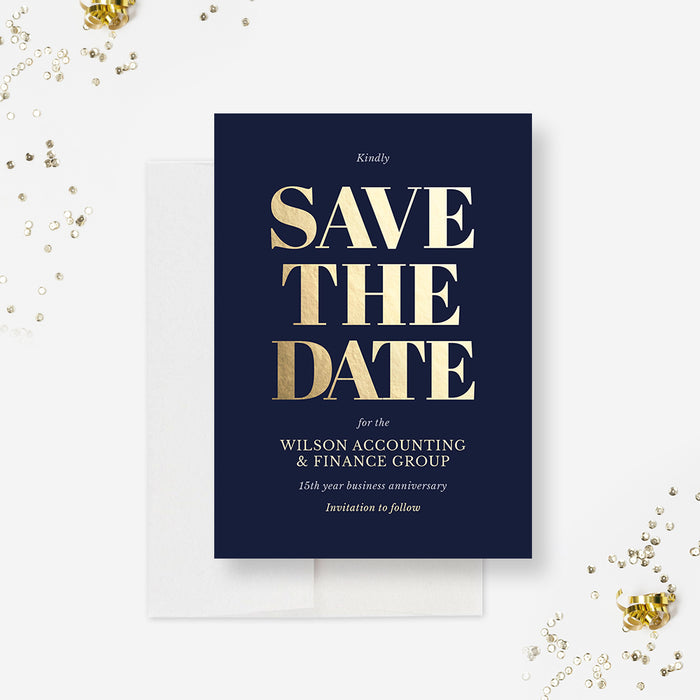 Business Anniversary Save the Date Cards, Navy Blue and Gold Save the —  Claudia Owen